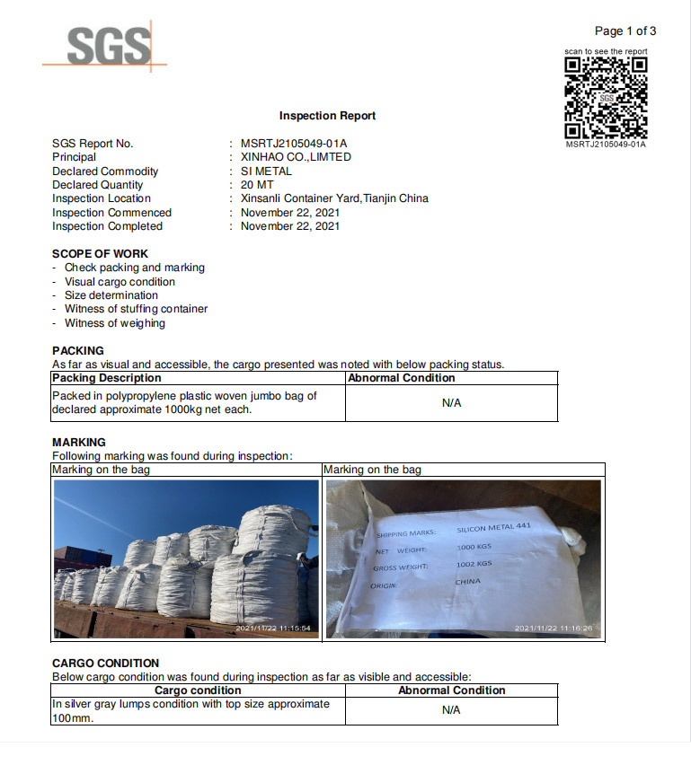 Metal silicon SGS test sheet